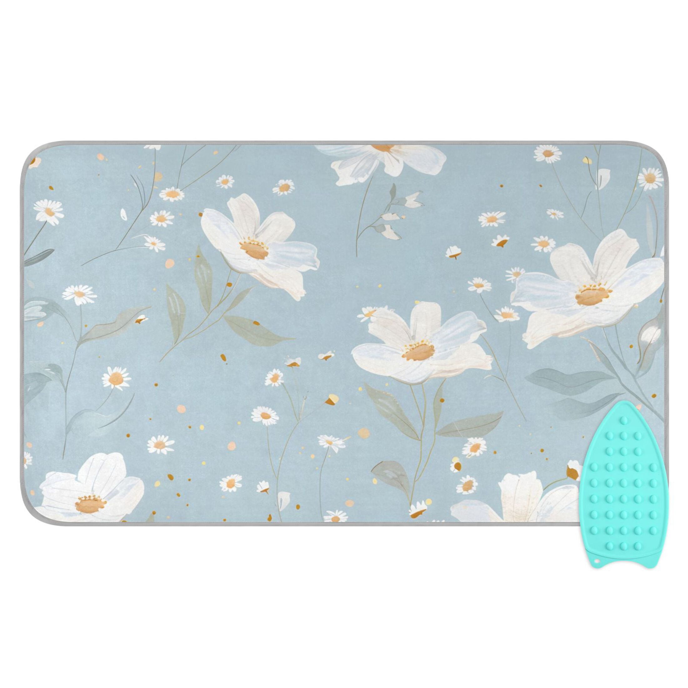 White Florals Daisies Leaves Oil Painting Ironing Mat Blanket Portable Travel Ironing Pad Heat Resistant Pad 47.2" x 27.6”
