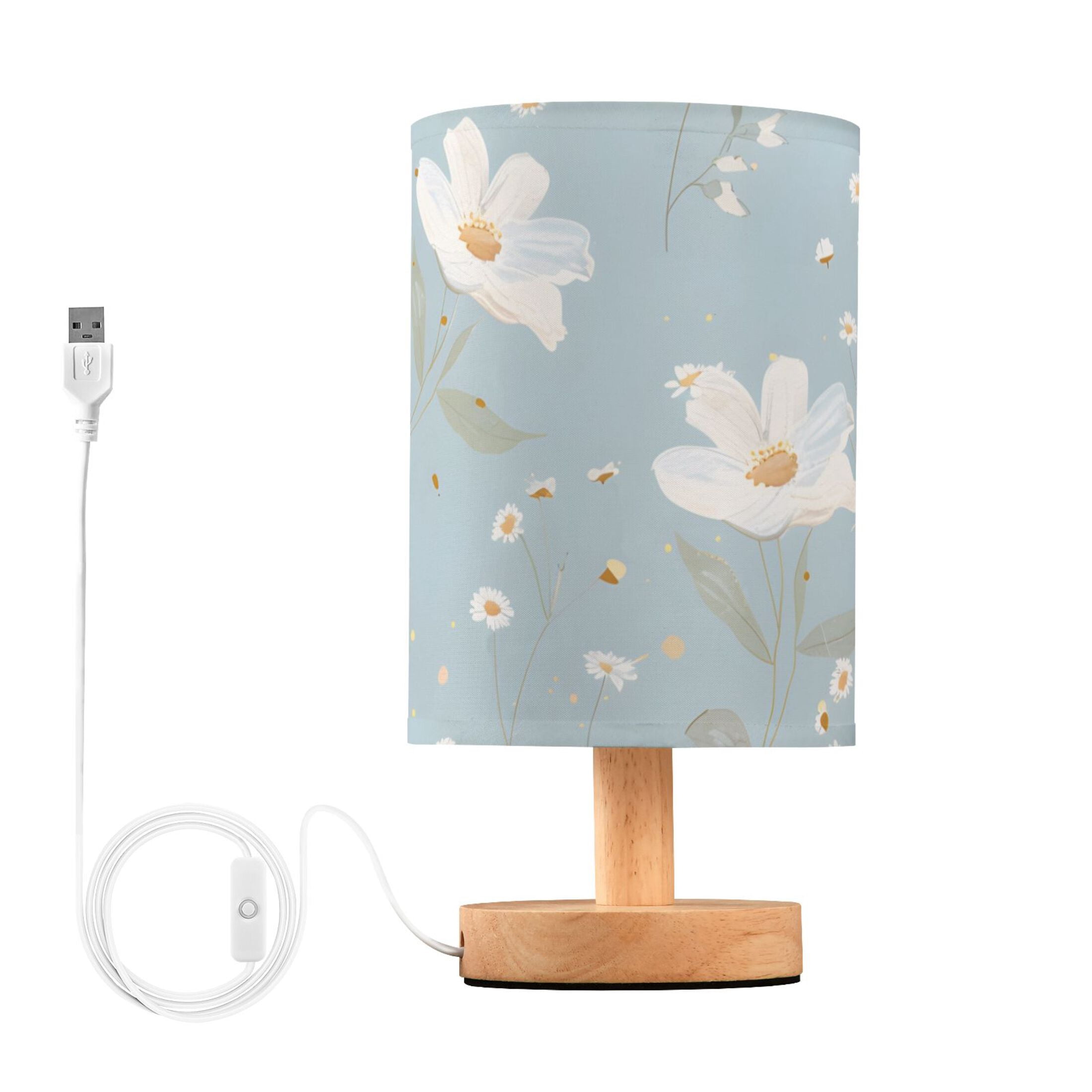 White Florals Daisies Leaves Oil Painting Table Lamp with USB Port LED Warm Light Lamp Night Light Home Decor