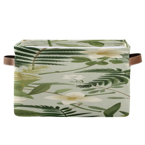 White Florals Palm Leaves Square Storage Bins with Handles Collapsible Containing Box 1 Pack
