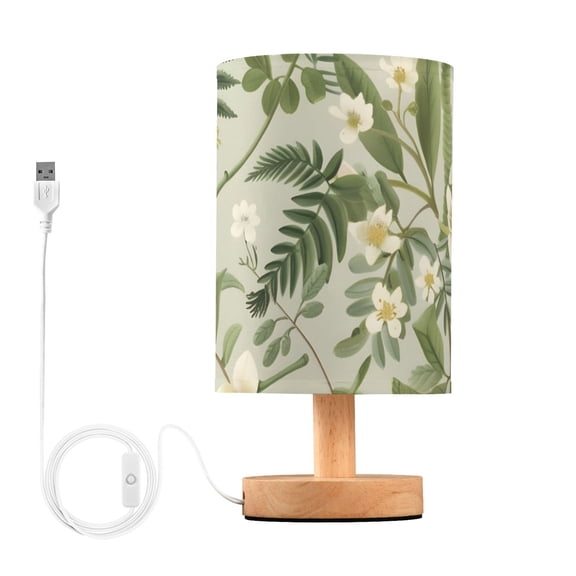 White Florals Palm Leaves Table Lamp with USB Port LED Warm Light Lamp Night Light Home Decor