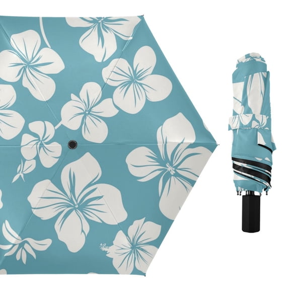 White Florals and Leaves All Weather Umbrella Triple Folding Parasol 6 Ribs UV Protection Portable