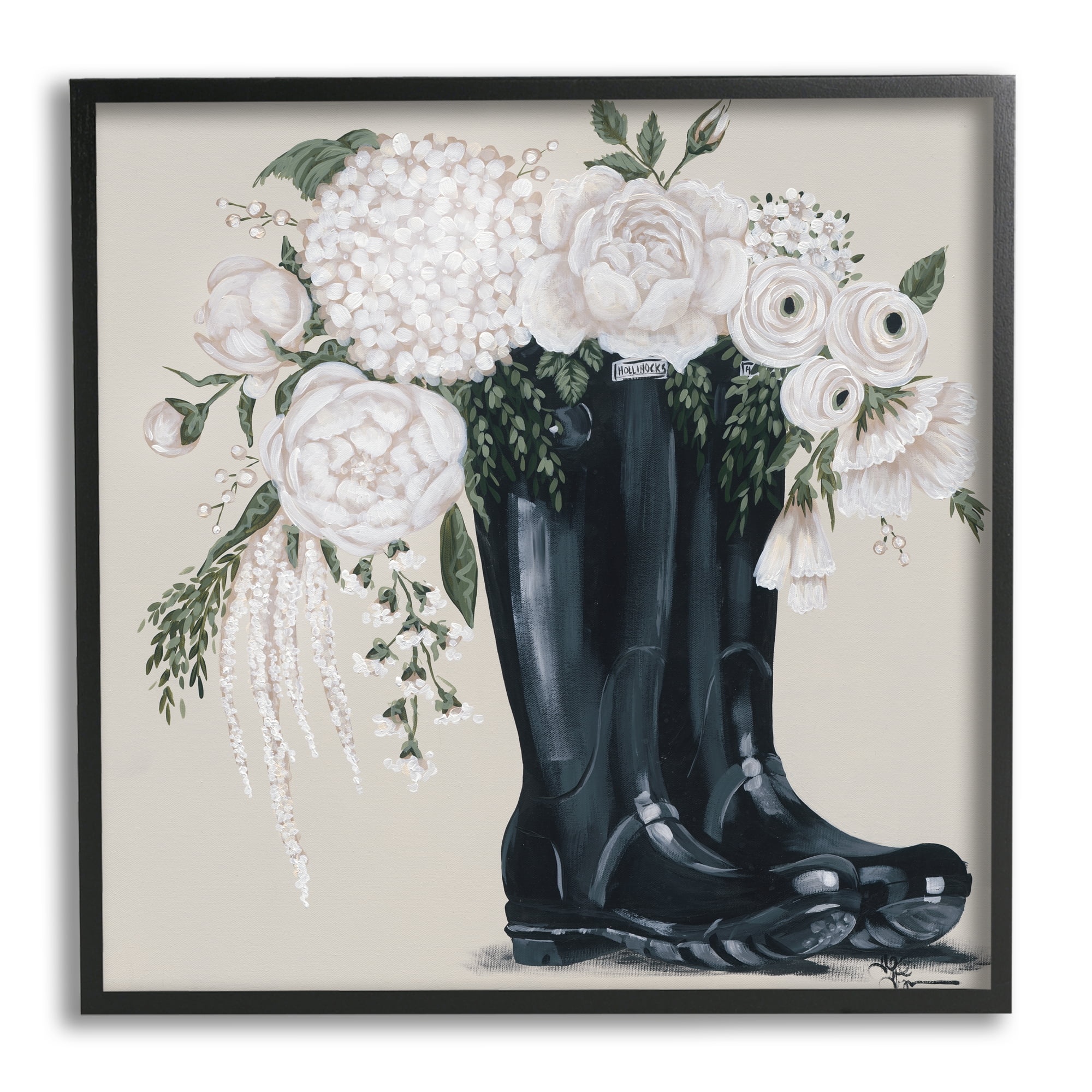 White Flower Arrangement in Black Boots Painting Botanical & Floral Framed Art Print Wall Art, 17x17