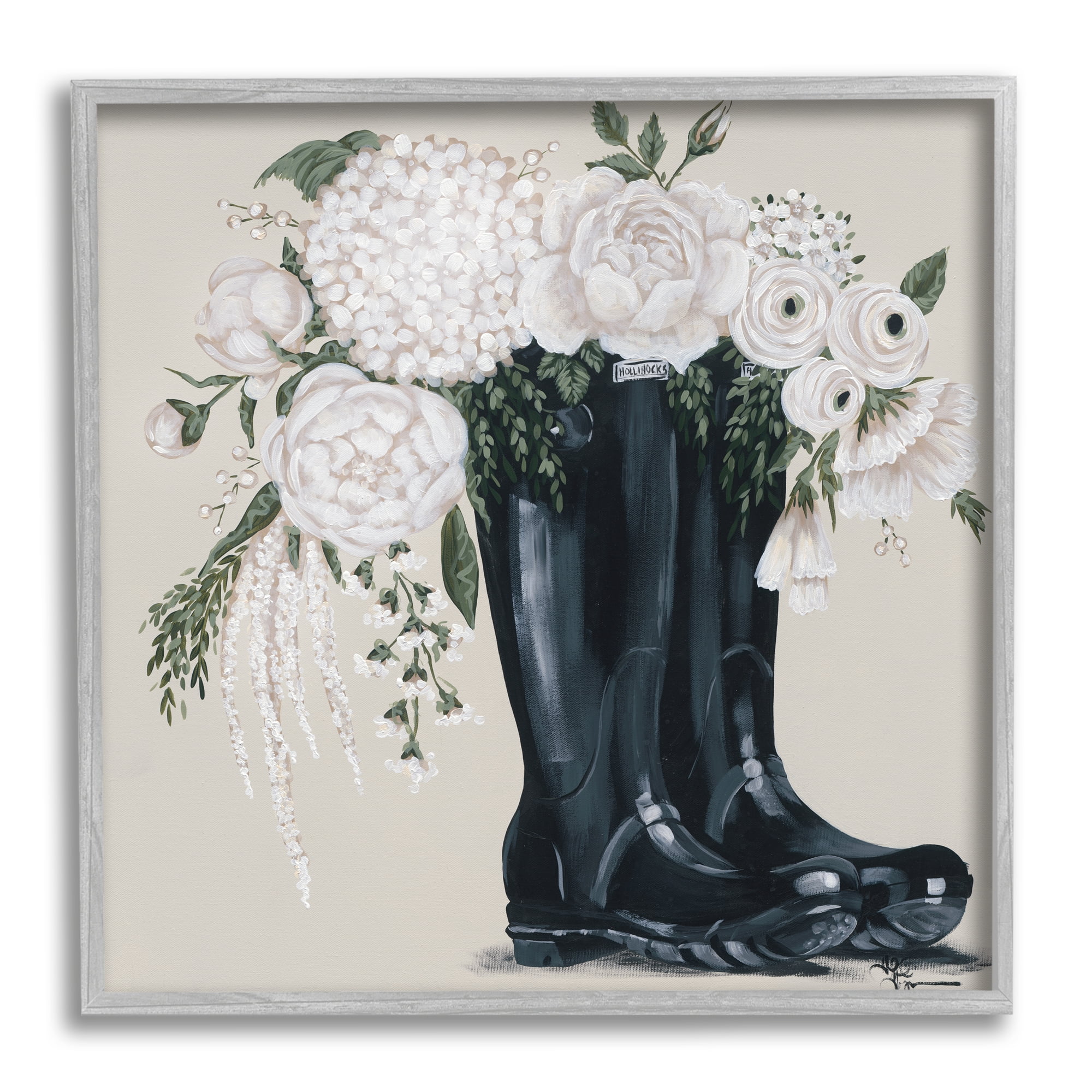 White Flower Arrangement in Black Boots Painting Botanical & Floral Framed Art Print Wall Art, 17x17