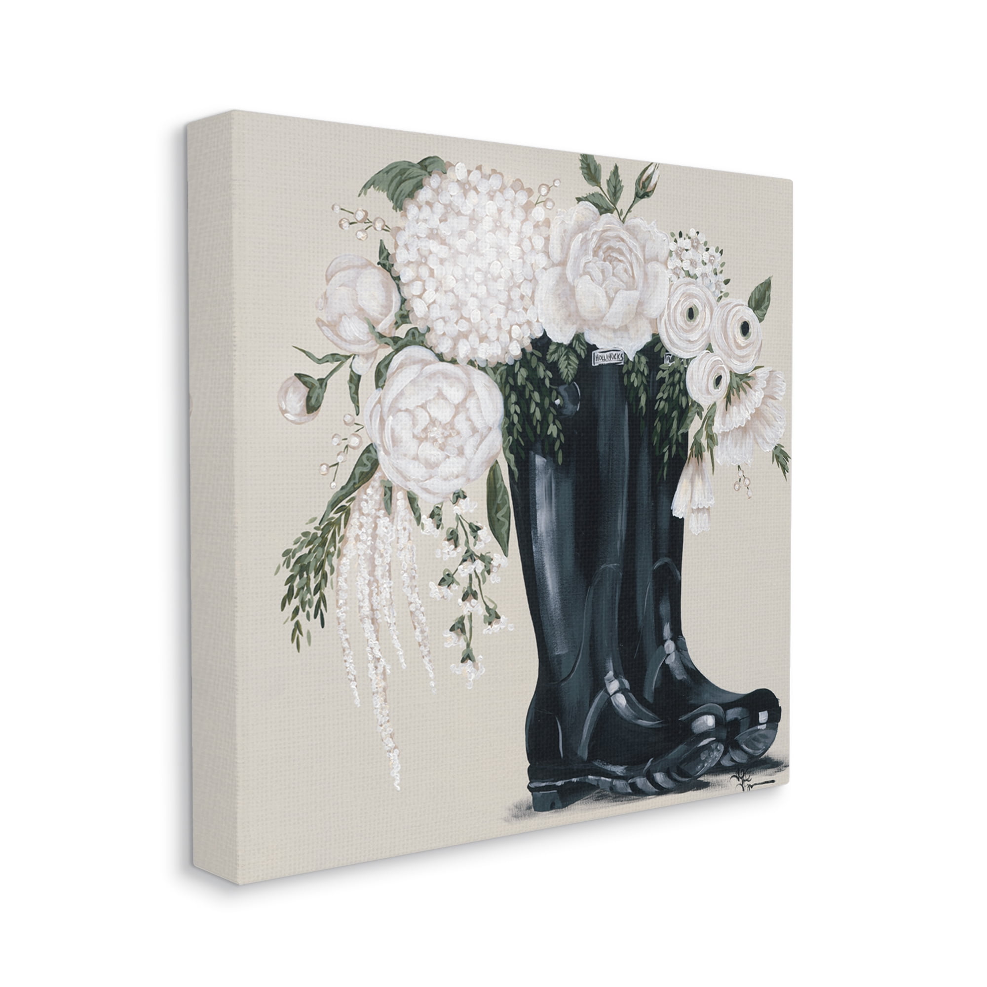 White Flower Arrangement in Black Boots Painting Botanical & Floral Gallery-Wrapped Canvas Print Wall Art, 17x17