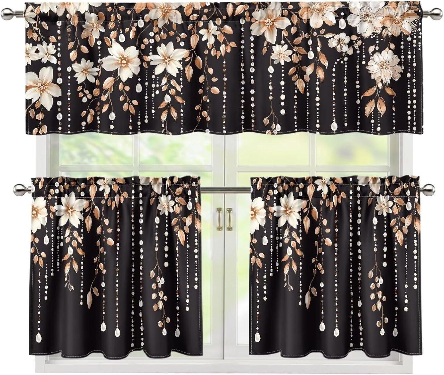White Flower Beads Kitchen Curtain Valance and Tiers Set Kitchen Curtain Panels Kitchen Window Coverings Rod Pocket Window Tier Curtains Valance Set 3 Pcs Curtains Home Decor
