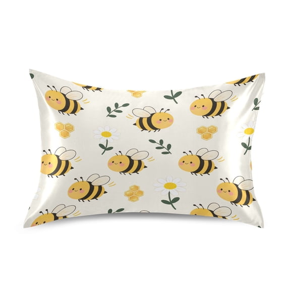 White Flower Bee Pillowcase King Size 40''x20'' Satin Double-Sided Print Soft Wrinkle Resistant