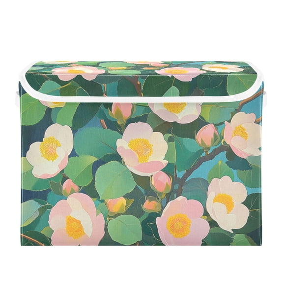 White Flower Branch Large Storage Bins with Linen Collapsible Lid Storage Box 16.7 x 12.6 x 11.8in