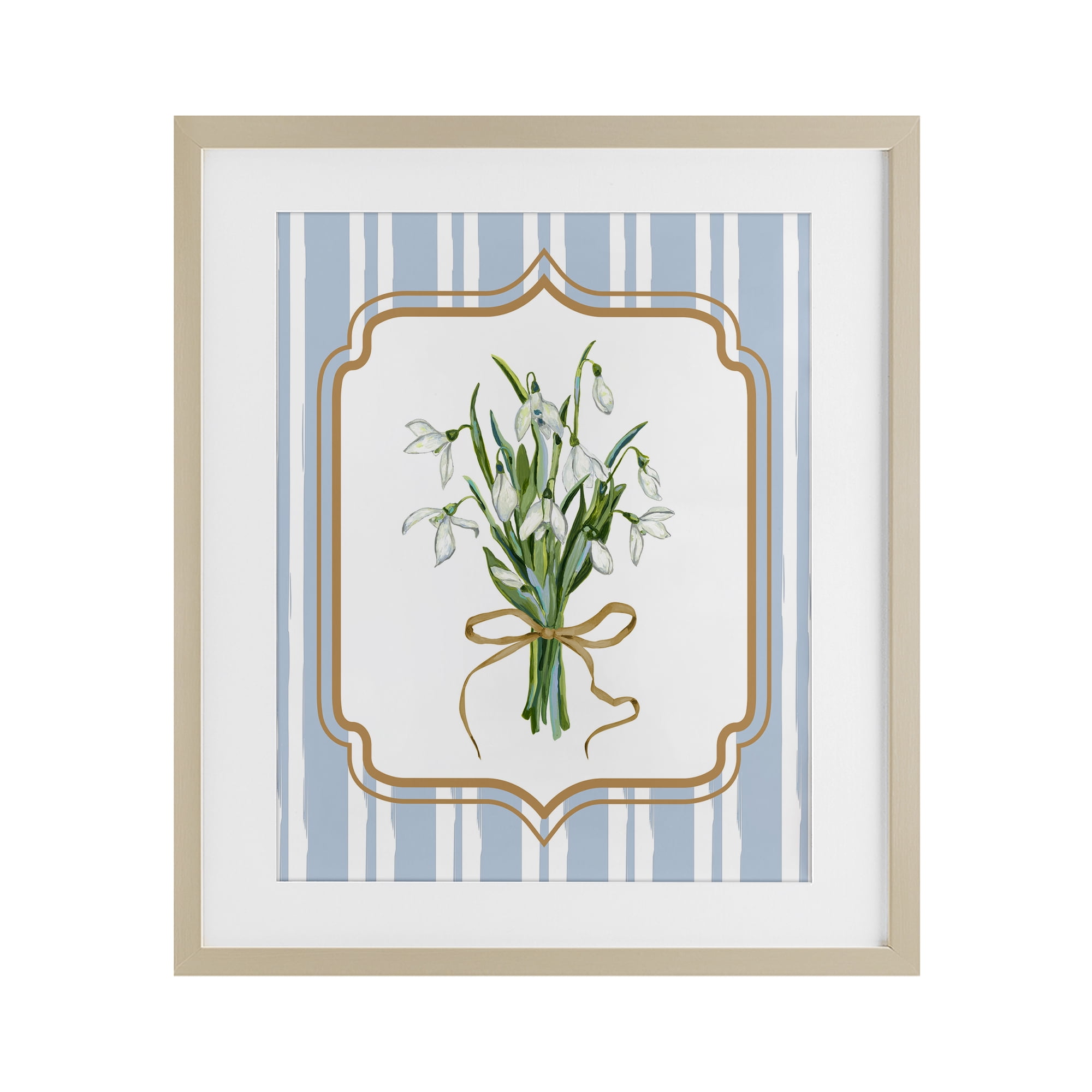 White Flower Bundle on Stripes Birch Framed Print Under Glass, design by Adonna Ebrahimi