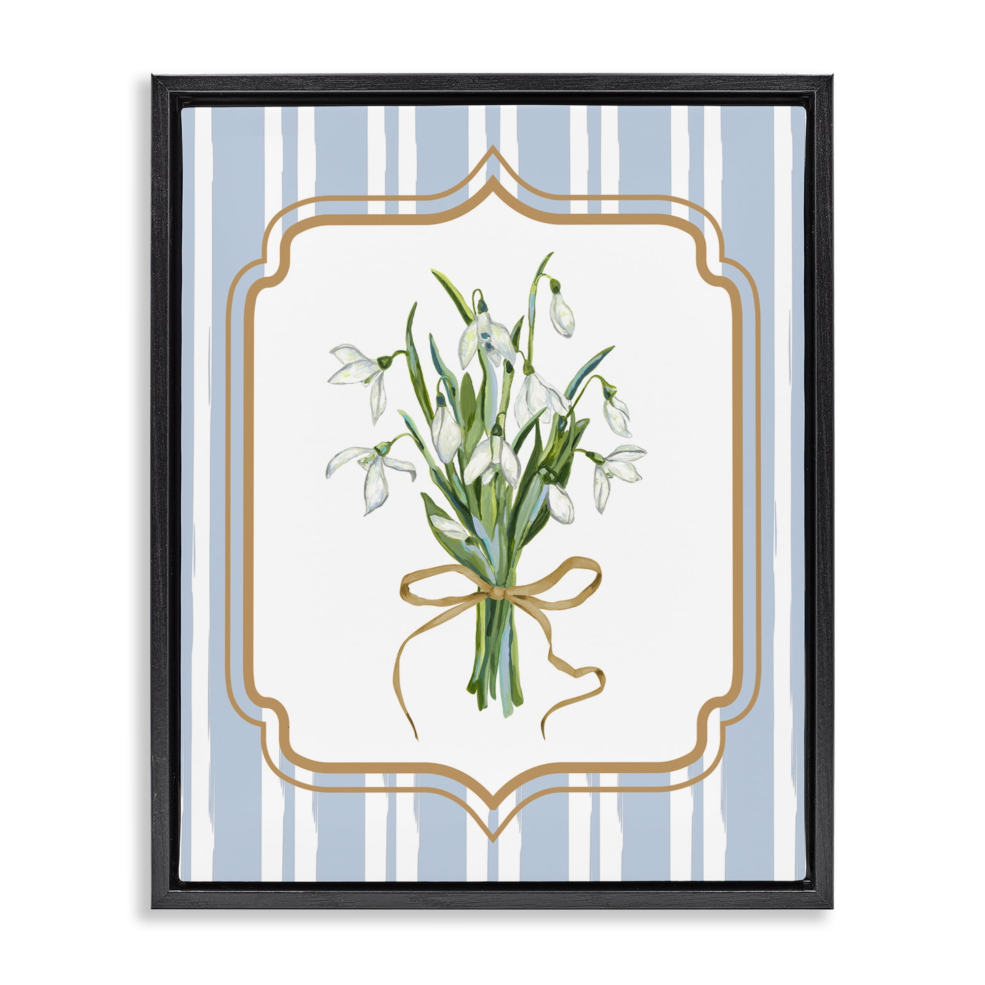 White Flower Bundle on Stripes Black Framed Floater Canvas Wall Art, design by Adonna Ebrahimi