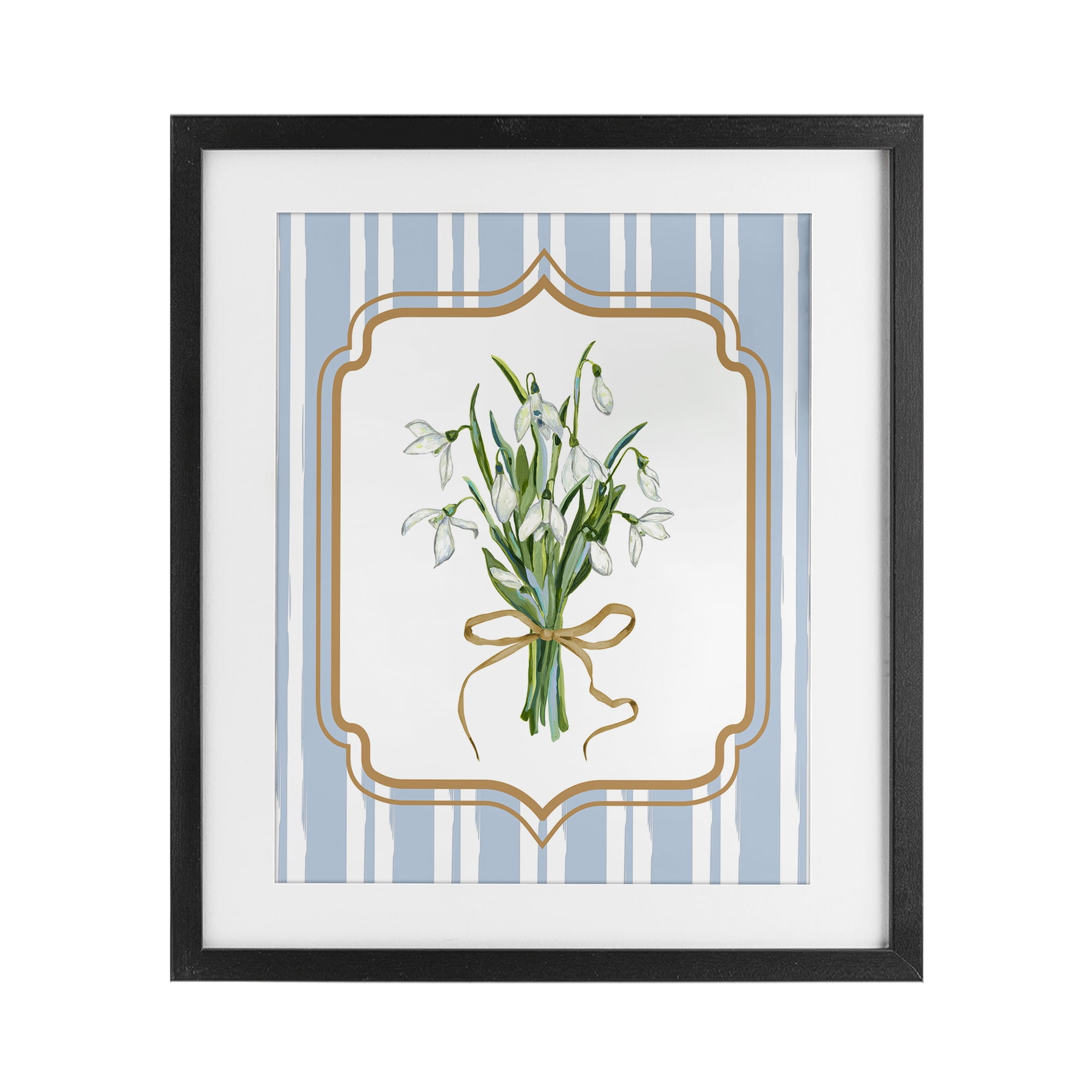 White Flower Bundle on Stripes Black Framed Print Under Glass, design by Adonna Ebrahimi
