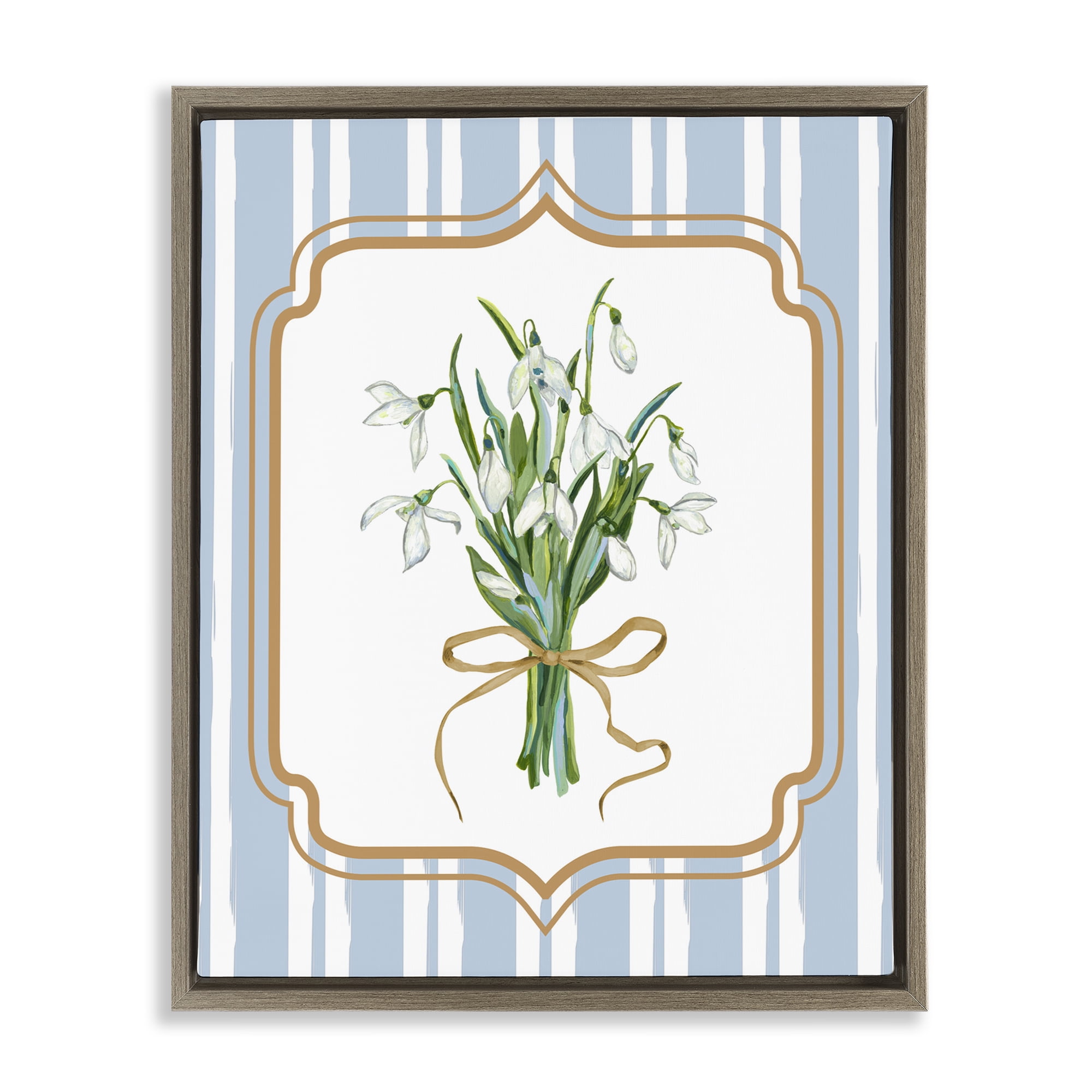 White Flower Bundle on Stripes Brown Framed Floater Canvas Wall Art, design by Adonna Ebrahimi