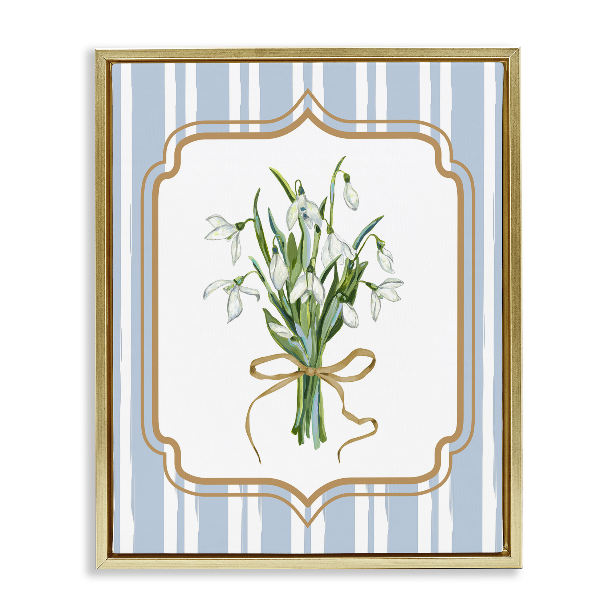 White Flower Bundle on Stripes Gold Framed Floater Canvas Wall Art, design by Adonna Ebrahimi