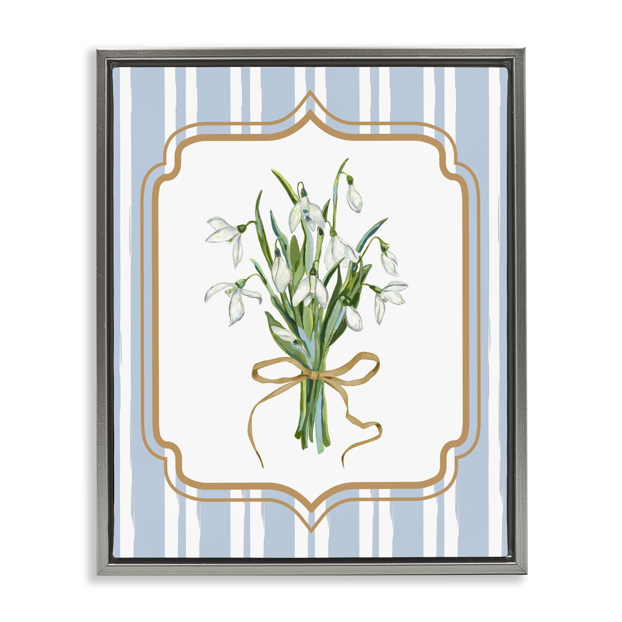 White Flower Bundle on Stripes Gray Framed Floater Canvas Wall Art, design by Adonna Ebrahimi