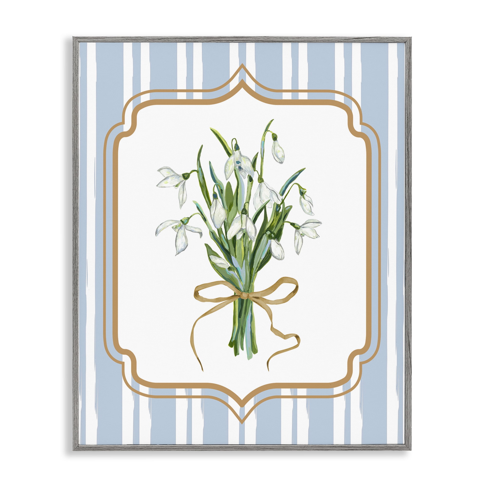 White Flower Bundle on Stripes Gray Framed Giclee Art, design by Adonna Ebrahimi