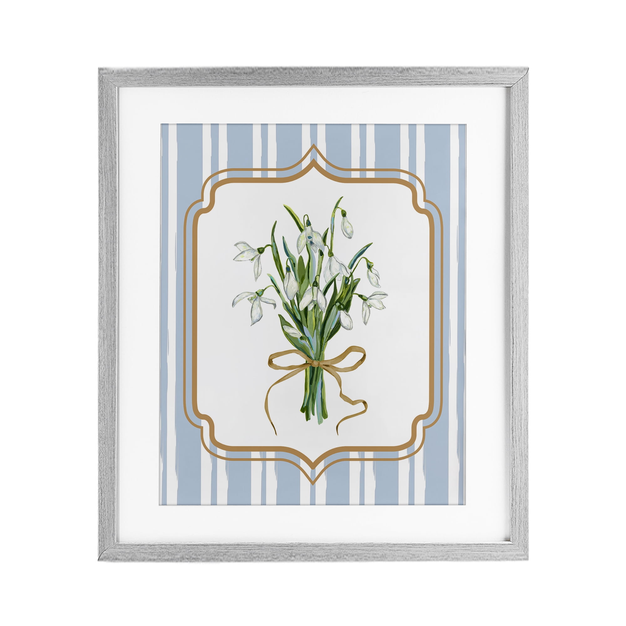 White Flower Bundle on Stripes Gray Framed Print Under Glass, design by Adonna Ebrahimi