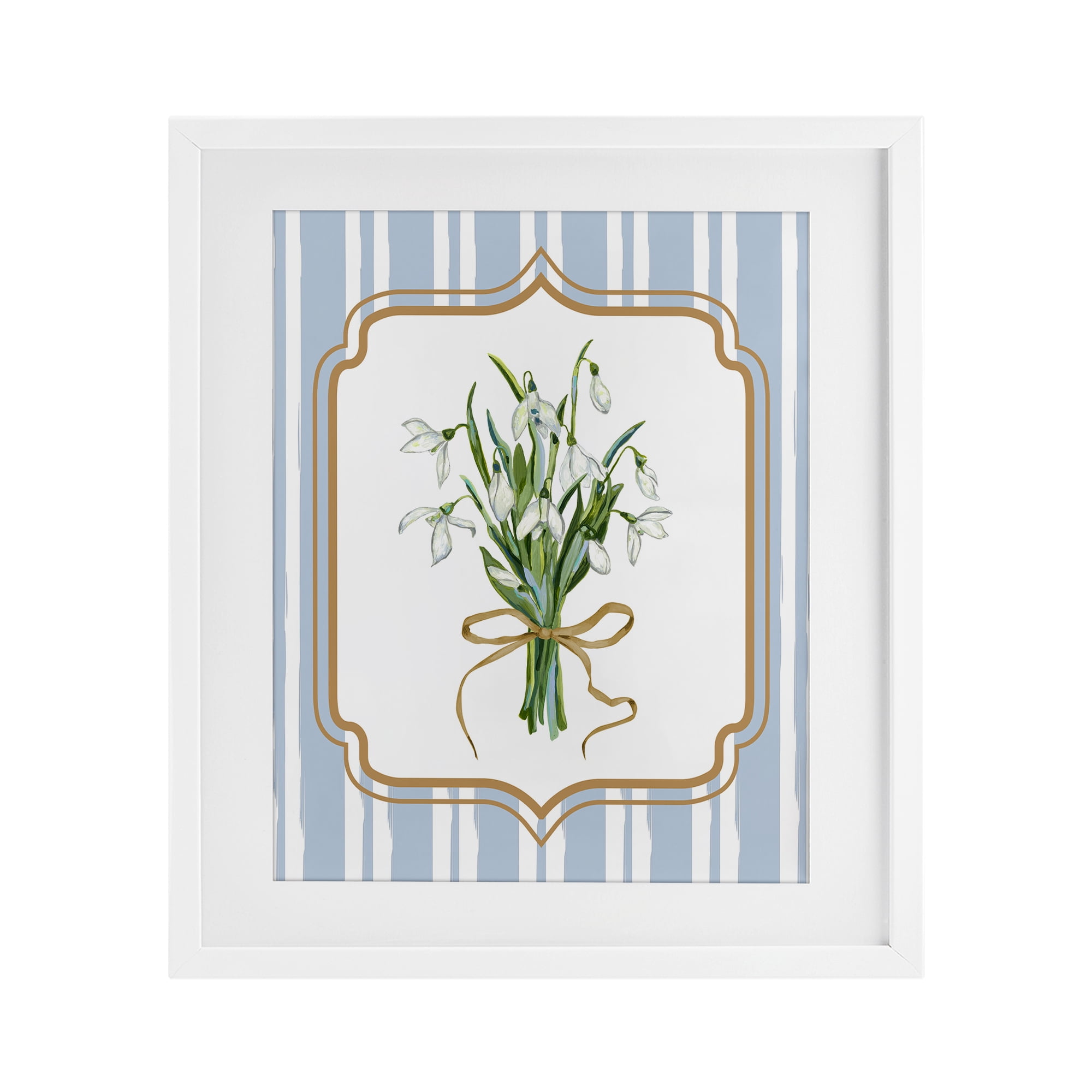 White Flower Bundle on Stripes White Framed Print Under Glass, design by Adonna Ebrahimi