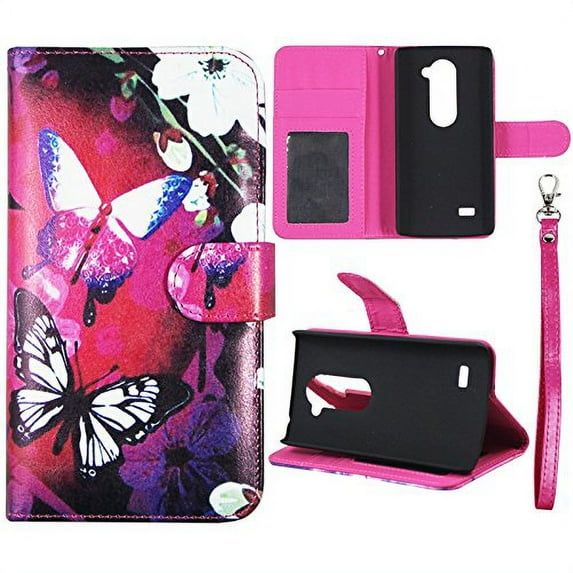 White Flower Butterfly Wallet Folio Case for LG Leon C40 Power Fashion Flip PU Leather Cover Card ID Card Slots & Stand