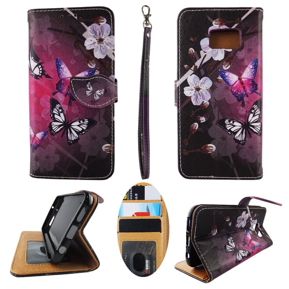 White Flower Butterfly Wallet Folio Case for Samsung Galaxy S7 Fashion Flip PU Leather Cover Card Slots & Stand
