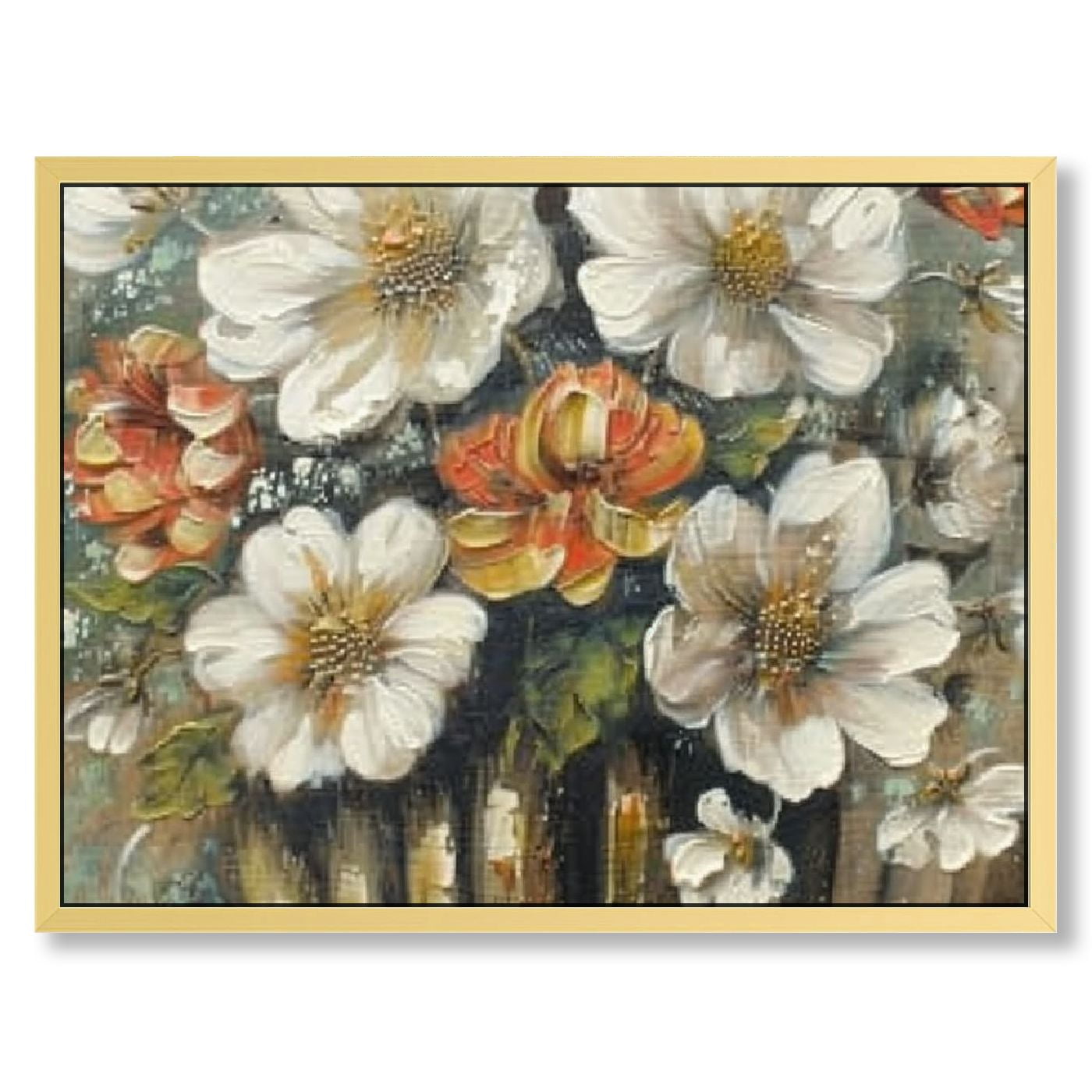 White Flower Canvas Wall Art: Large Gold Foil Floral Picture Painting ...