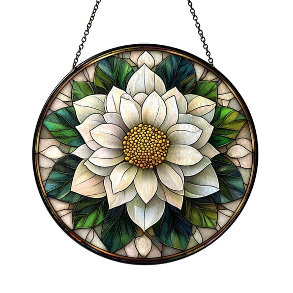 White Flower Circular Window Panel with Stained Glass Effect, Decorative Botanical Window Art