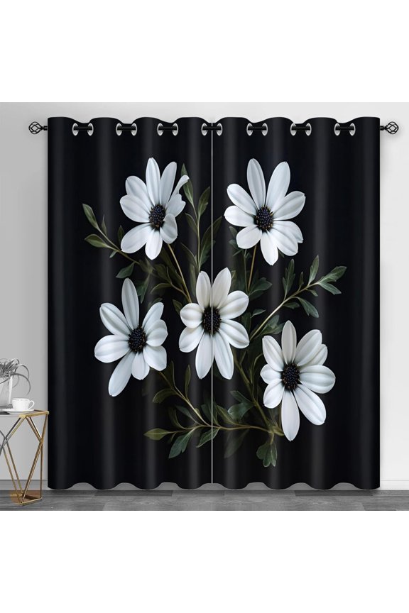 White Flower Curtains For Living Room, Daisy Flower Blackout Curtains For Bedroom, Black And White Floral Drapes, 2 Panels Window Treatments For Kitchen Office Cafe 38"W x 45"L