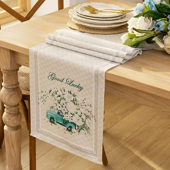 White Flower Daisy Table Runner,Long Dresser Scarf,Vintage Blue Truck Spring Summer Table Runners for Wedding Party Holiday Home Dining Room Decor 13" x 108"