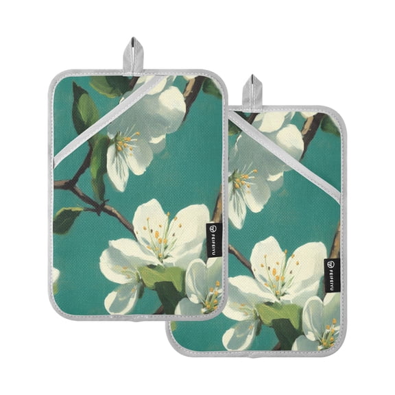 White Flower Details 7x9.8in Pot Holder Set Heat-Resistant Oven Hot Pads Durable with Storage Loop