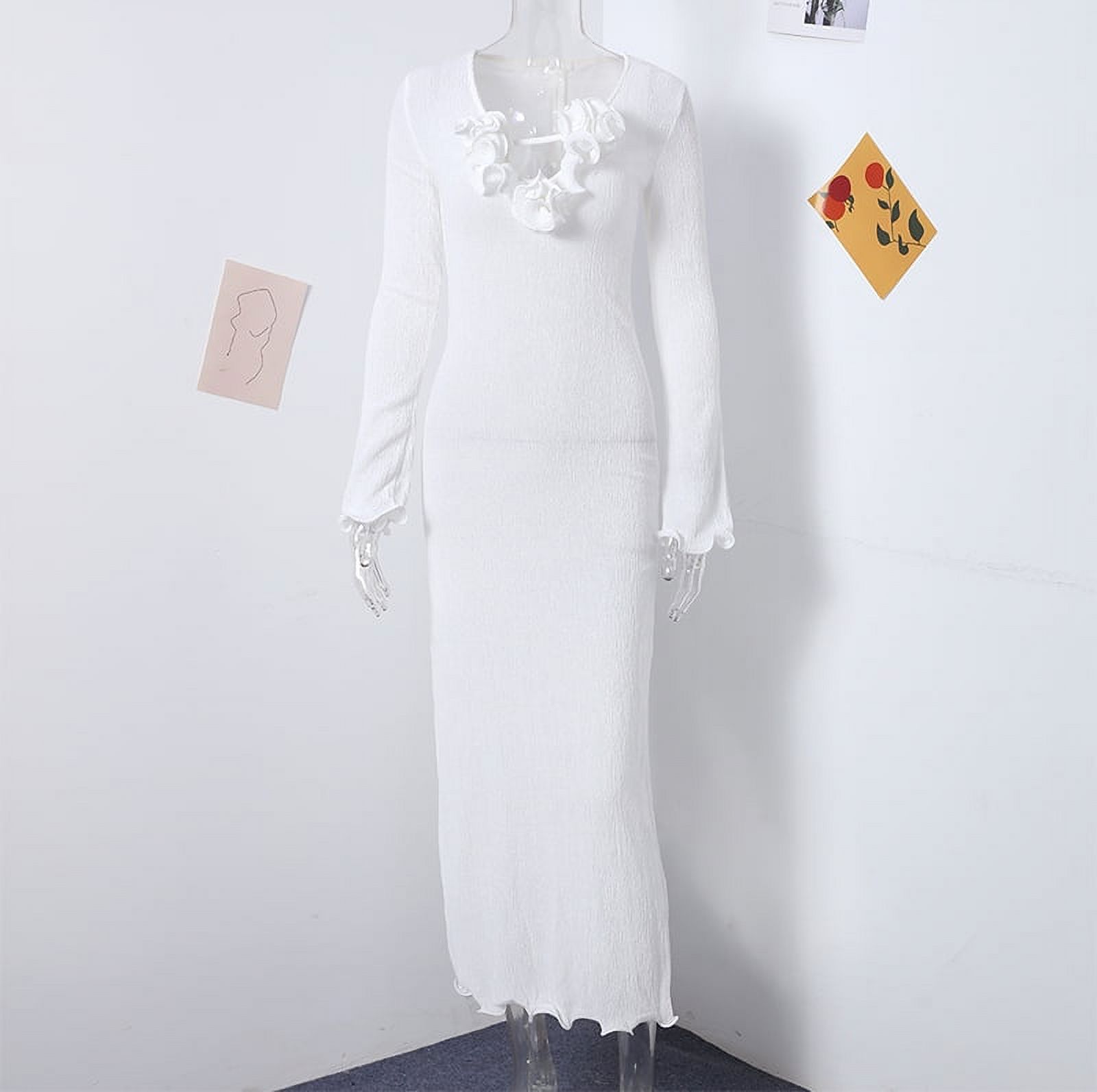 White Flower Elegant Maxi Dress Women Vneck Long Sleeve Ruffles Split