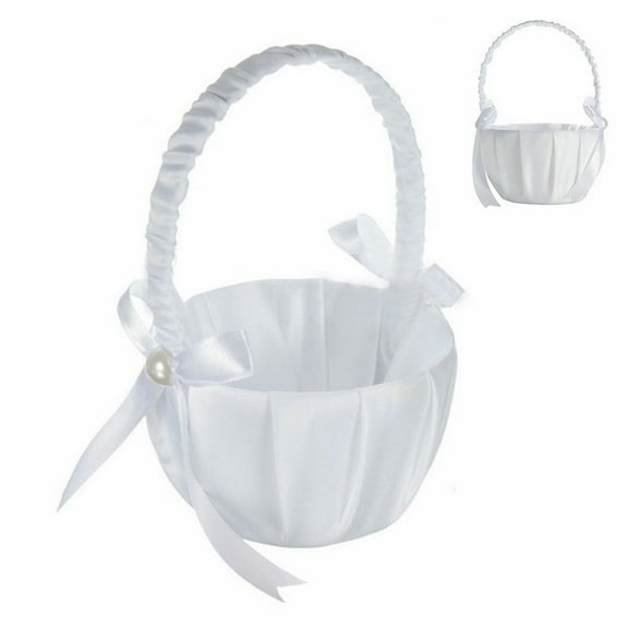 White Flower Girl Basket with Satin Bowknot & Pearl Design 8 x 5.2 x 6 Inch, Flower Petal Basket Ideal for Wedding Party, Elegant Ceremony Accessories
