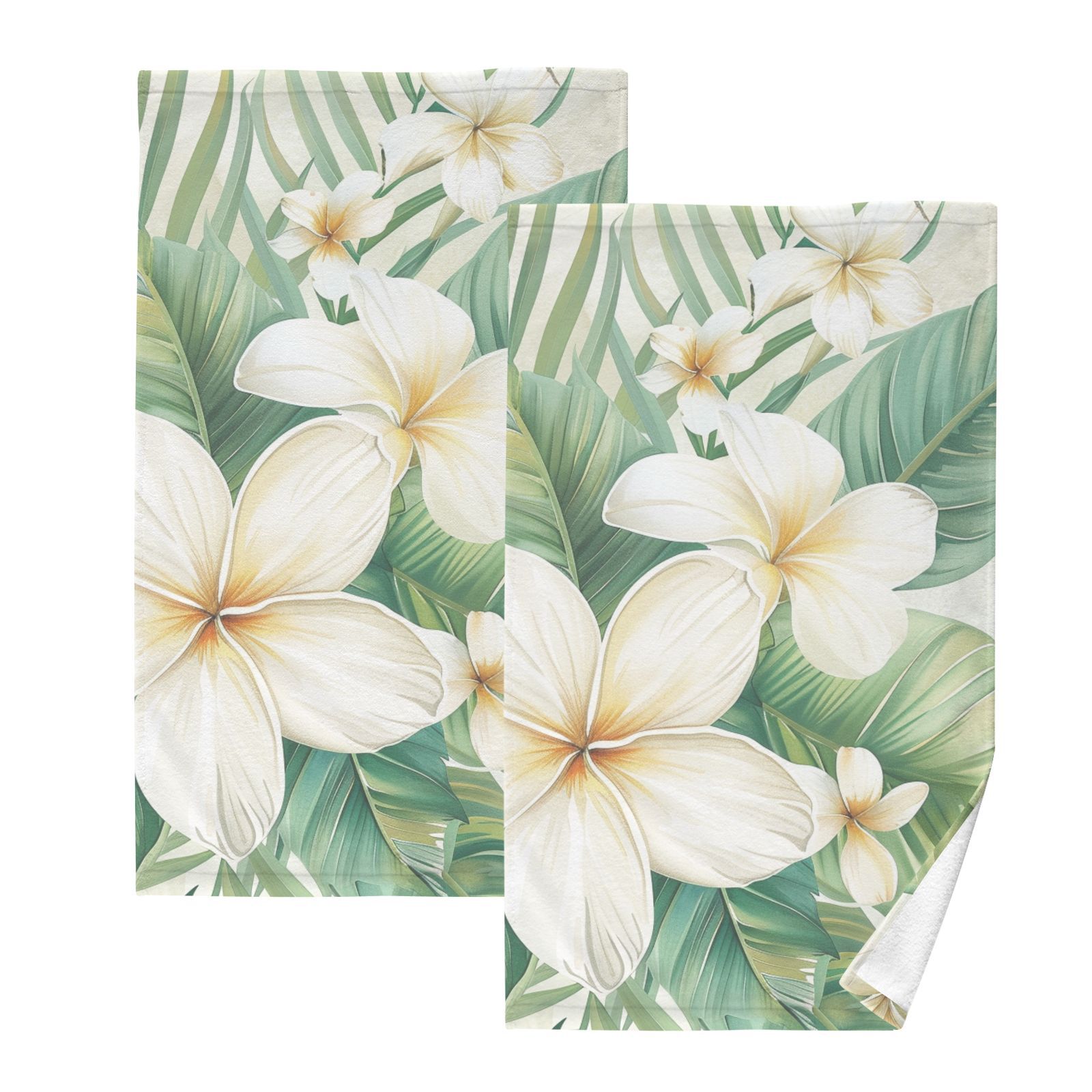 White Flower Green Leaves Hand Towels Cotton Bath Towels Large Face Towels Absorbent for Bathroom 2 Packs