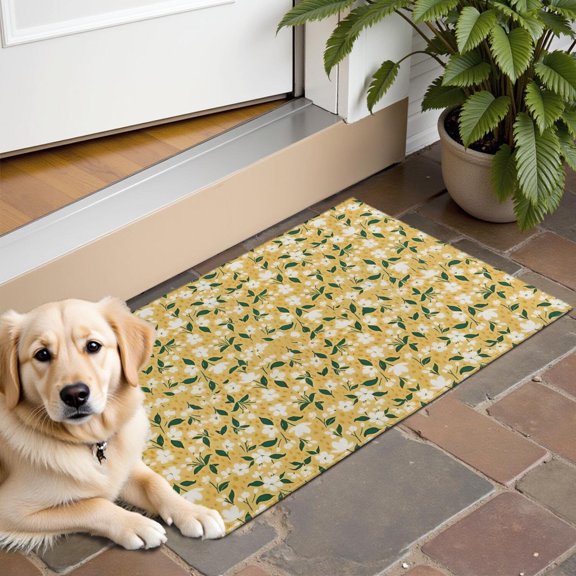 White Flower Leaves Yellow Pattern Door Rugs,Washable Non Slip Door Mats Indoor,Decorative Door Mats,Entry Mat Indoor for Entrance,Bedroom,Kitchen,Bathroom,16"x24"