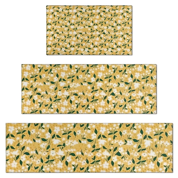 White Flower Leaves Yellow Pattern Kitchen Rugs Sets Of 3,Kitchen Runner Rugs Non Skid Washable,Decorative Kitchen Floor Mats for Kitchen,Sink,Laundry,17"x30"+ 17"x47" + 17"x59"