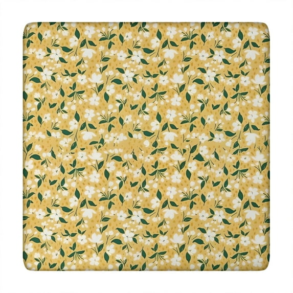White Flower Leaves Yellow Pattern Square Fitted Tablecloth with Elastic Edge,Square Table Cover,Washable Elastic Table Cover for Home Kitchen Party Decor 34"x34"