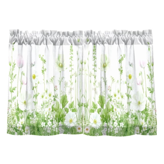 White Flower Meadow Kitchen Curtains Tier Set 27x24 Inch 2 Panels Semi Sheer Light Filtering Privacy UV Protection