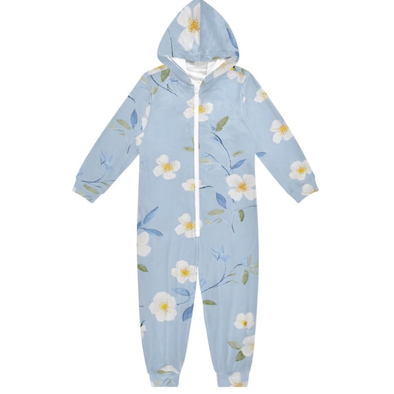 White Flower One Piece Pajamas Soft Jumpsuit Cozy Sleep and Play Romper Zipper and Pockets 13-14Y