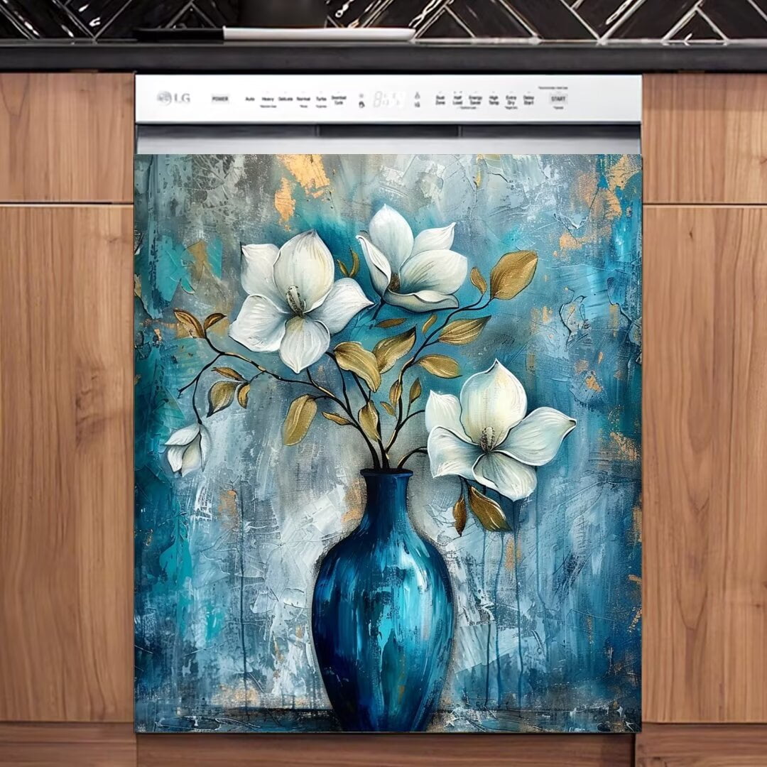 White Flower Painting Dishwasher Skin Cover Retro Contry Floral