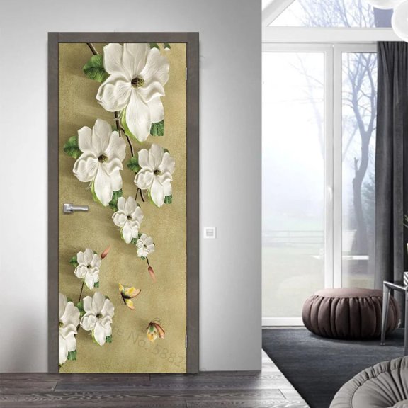 White Flower Pattern Door Sticker D Wallpaper Self Adhesive Removable Mural Wall Decal Living Room B