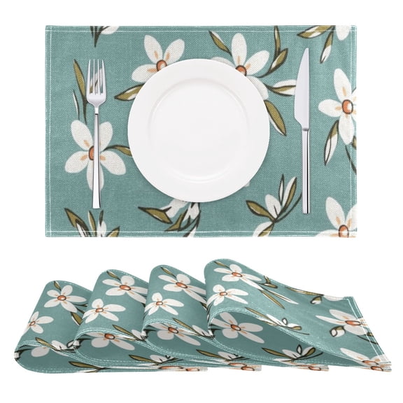 White Flower Pattern Reversible Placemat Non Slip Coffee Mat 18x12 Inch for Dining, Kitchen, Coffee