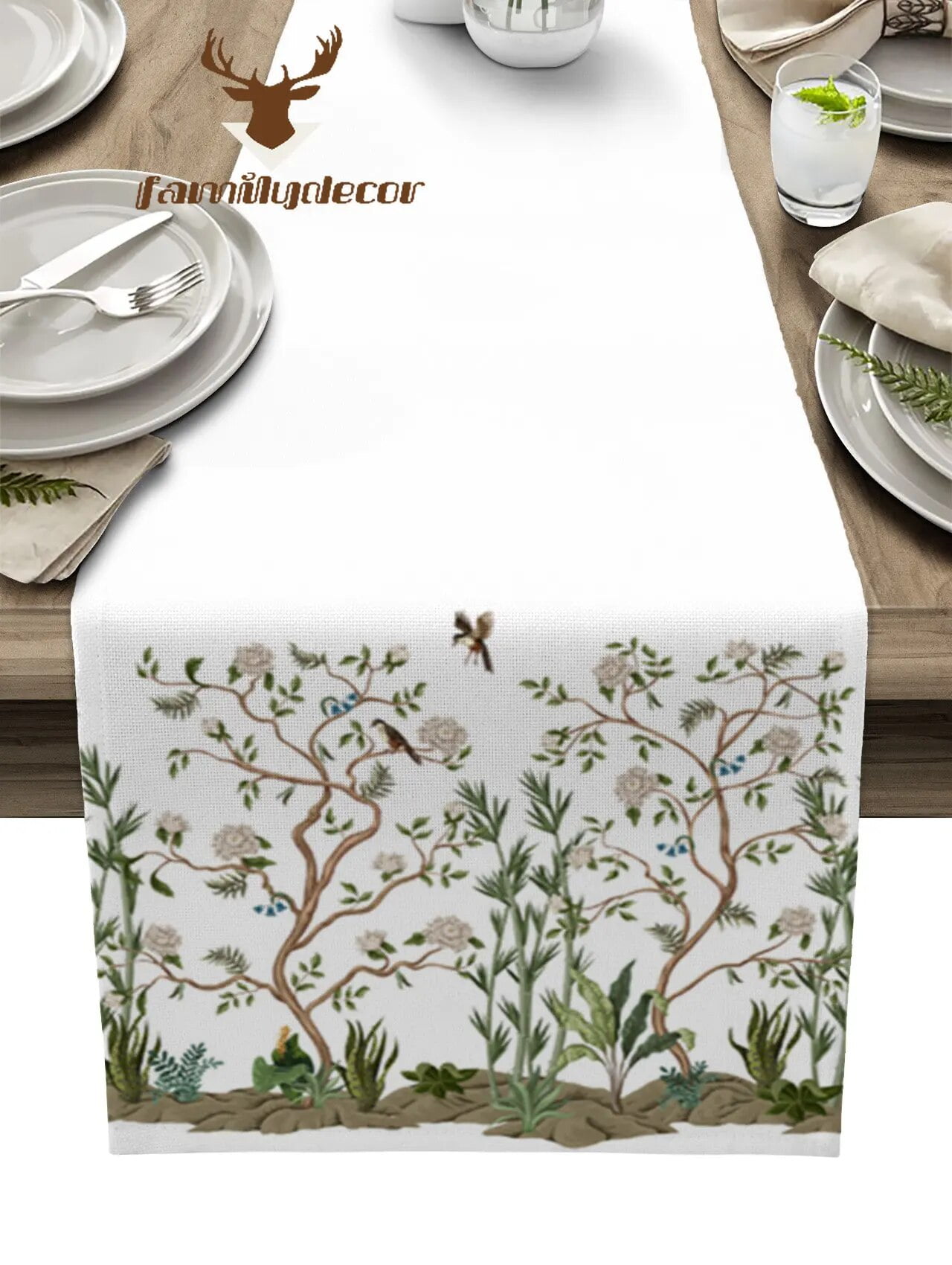 White Flower Plant Bird Table Runner Home Wedding Table Flag Mat Table