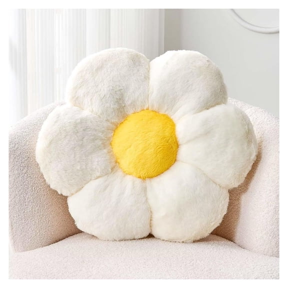 White Flower Plush Pillow, 14.9" Decorative Throw Pillow - Cute Faux Fur Flower Cushion for Bedroom, Living Room, Sofa, Chair - Soft Cozy Floral Accent