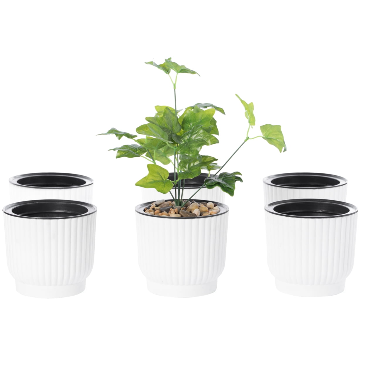 White Ribbed Plastic Self-Watering Indoor/Outdoor Flower Pot Set