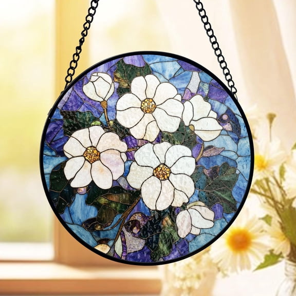 White Flower Round Panel Suncatcher Stained Glass Botanical Window Art