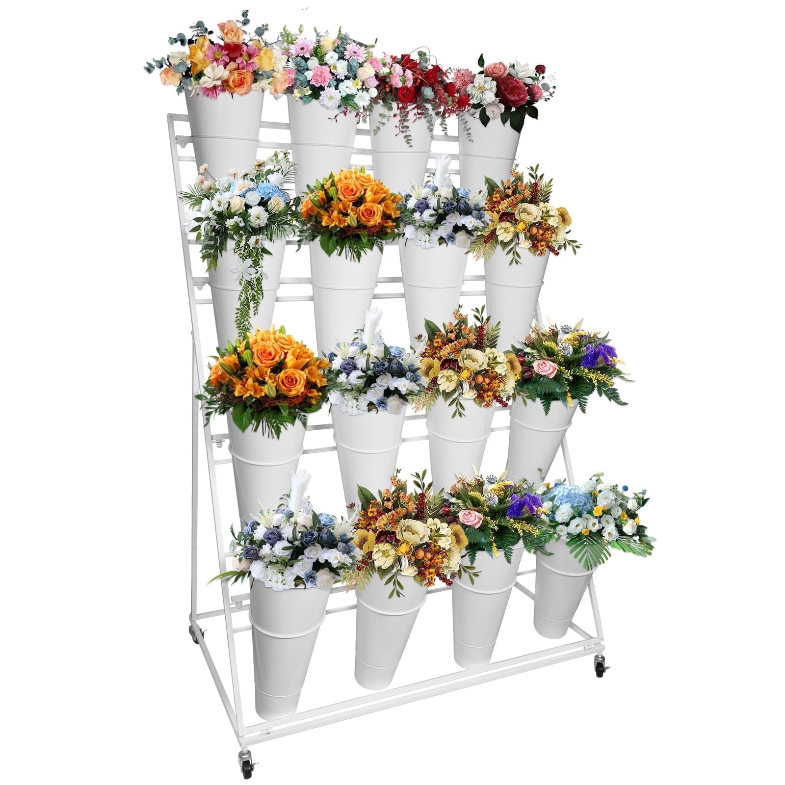White Flower Stand with Buckets, 39.4x25.6 Inch Base, 16 White Large ...