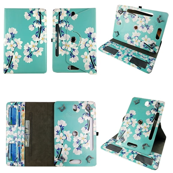 White Flower for Surf Onn 7.0 Andriod 7-inch Tablet Case Universal Android Cases 360 Rotating Folio Stand Protector Pu Leather Cover Travel e-reader Card Cash Slots Multiple Viewing Angles