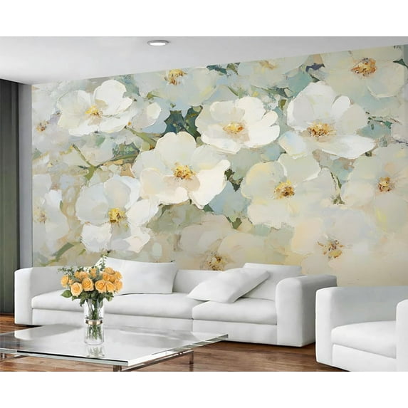 White Flower Wall Mural - Fresh Style Wall Murals, Oil Painting Art Hd Photo For Living Room Bedroom, Floral Mural 138"W x 100"H (Not Peel and Stick)