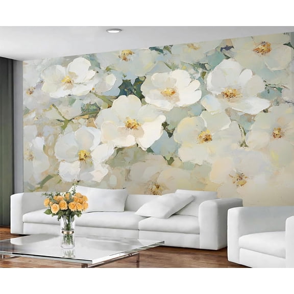 White Flower Wall Mural - Fresh Style Wall Murals, Oil Painting Art Hd Photo For Living Room Bedroom, Floral Mural 98.4"W x 68.9"H (Not Peel and Stick)