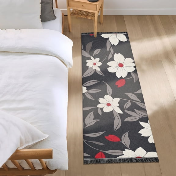 White Flower and Gray Leaf Bedroom Runner Rug 2'x 6' Non Slip Carpet Indoor Home Area Rug Living Room