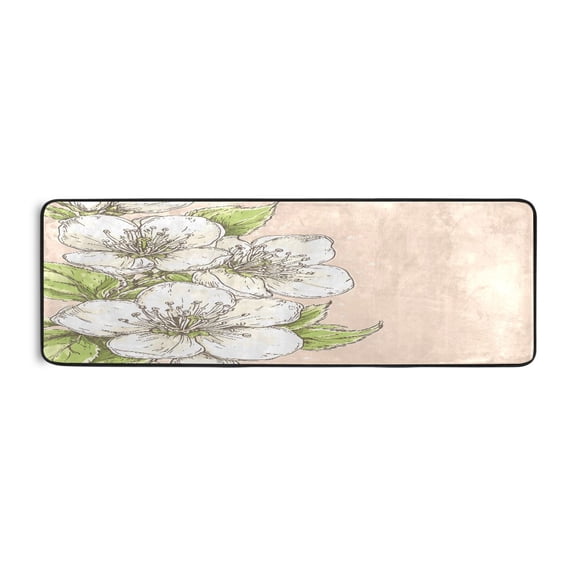 White Flowers 72x24" Runner Rug, Non-Slip Memory Foam Cushion, Anti-Crease for Hallways and Bedrooms