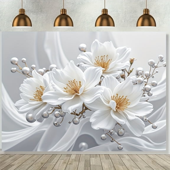 White Flowers Backdrop White Floral Ribbon Photography Background Silver Pearl Dots Party Decorations Banner Supplies Photo Booth Props
