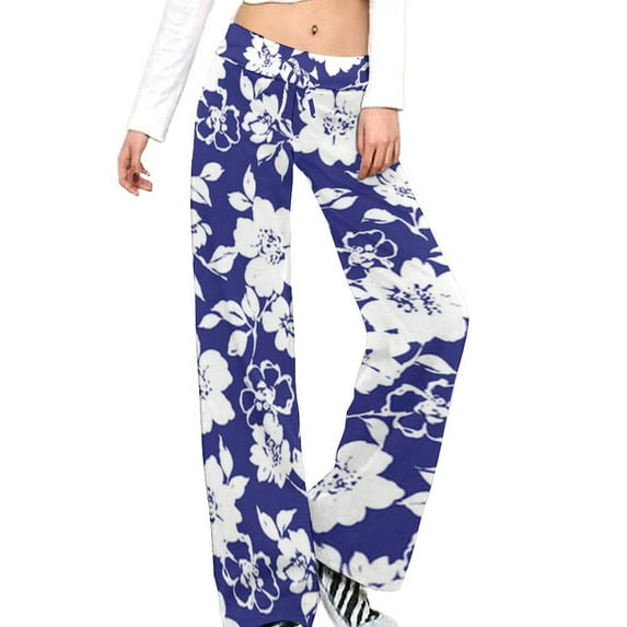 White Flowers Blue Background Floral Print Women's Wide Leg Pants High Waist Adjustable Knot Loose Casual Trousers Business Work Casual Pants